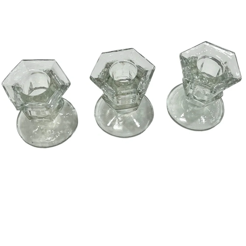 MOULDED/PRESSED CLEAR GLASS CANDLESTICKS - SET OF 3